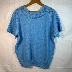 Vicki Wayne Vintage Knit Top‎ Crochet Neck Short Sleeve Blue Sweater Size XL